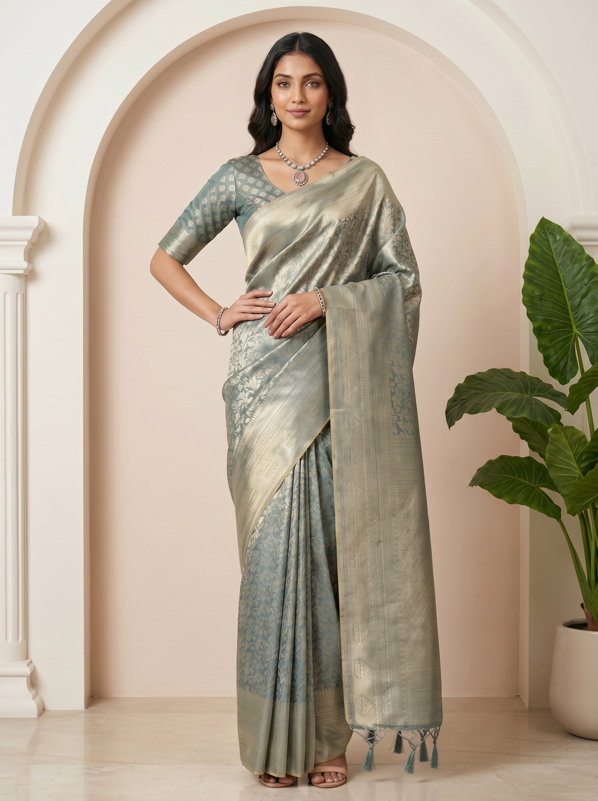 MIMOSA Sapphire Kanjivaram Art Silk Saree — pose 4 styling detail