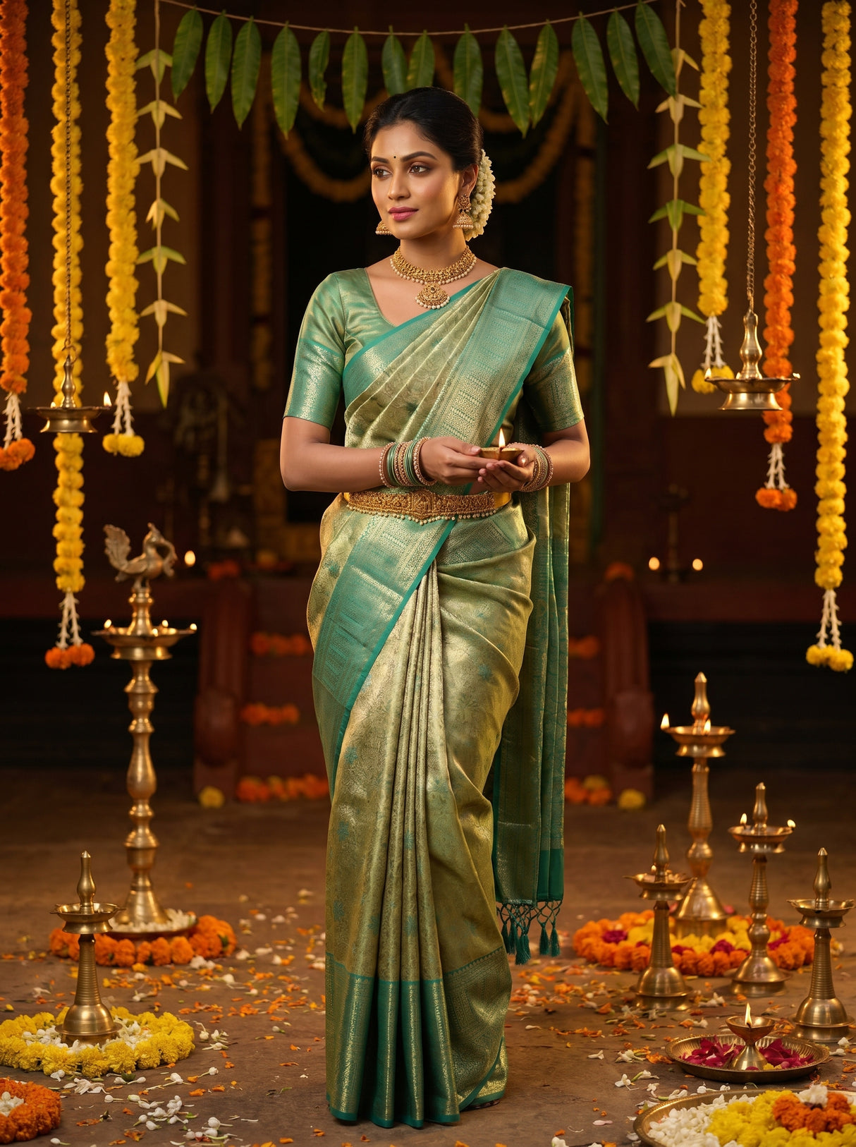 MIMOSA Olive Kanjivaram Art Silk Saree β pose 4 styling detail