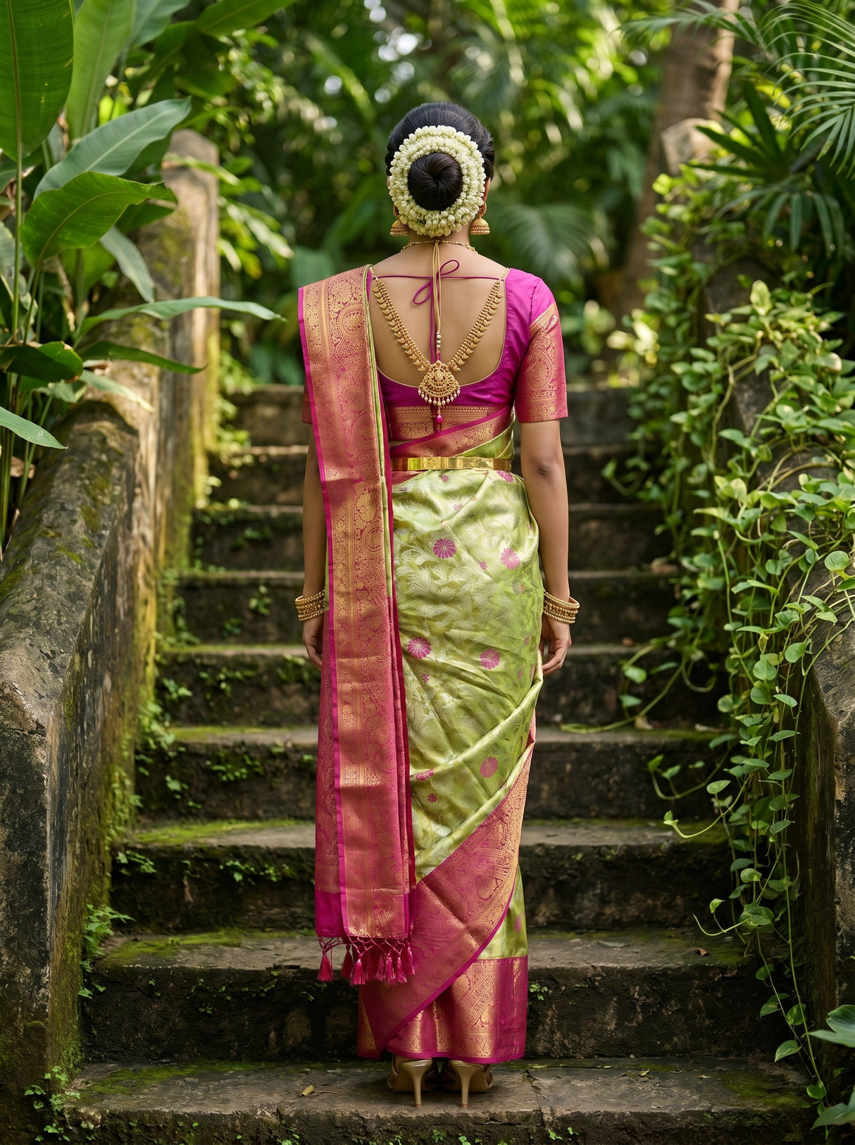 MIMOSA Olive Kanjivaram Art Silk Saree β pose 2 styling detail