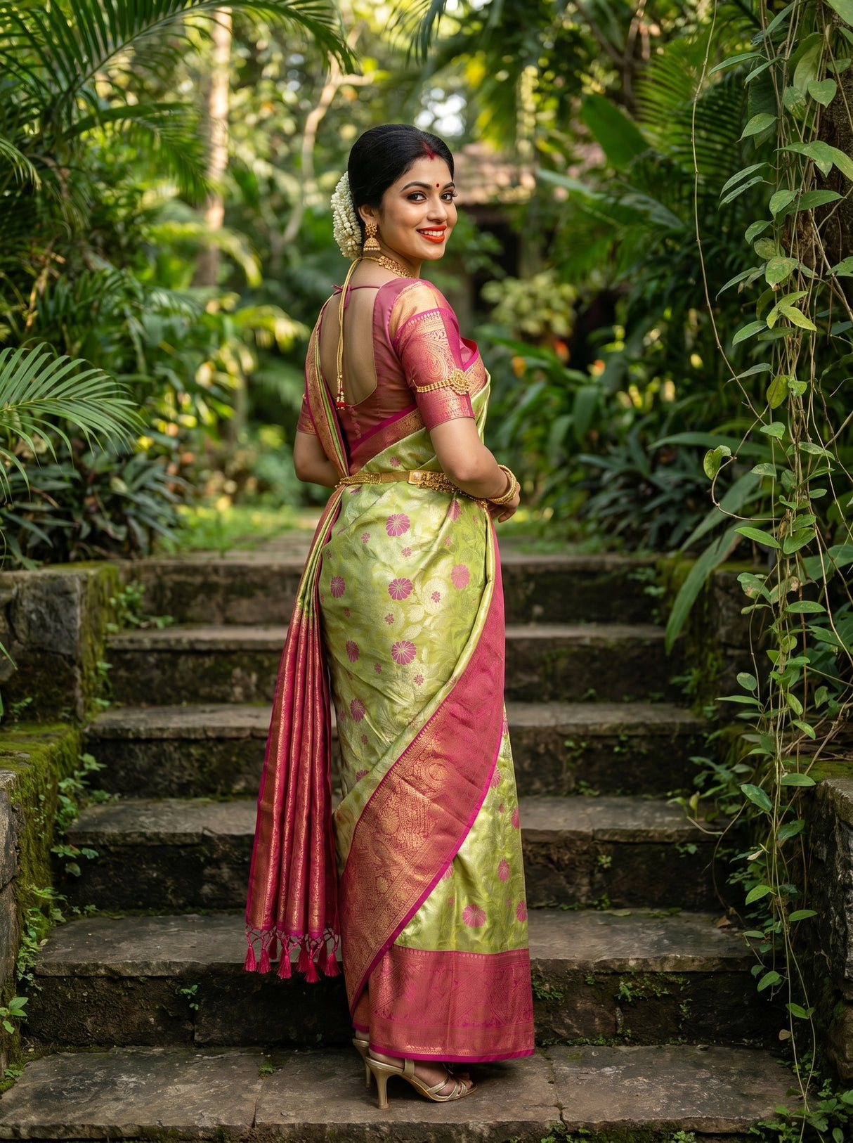 MIMOSA Olive Kanjivaram Art Silk Saree β pose 9 styling detail