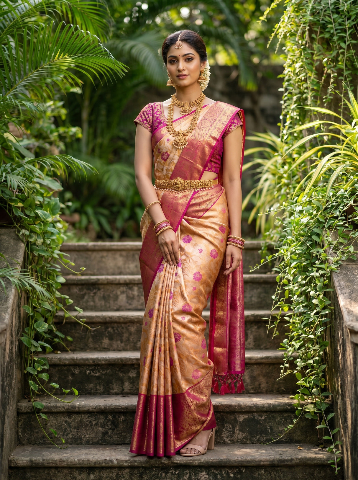 MIMOSA Orange Kanjivaram Art Silk Saree β front view on mannequin