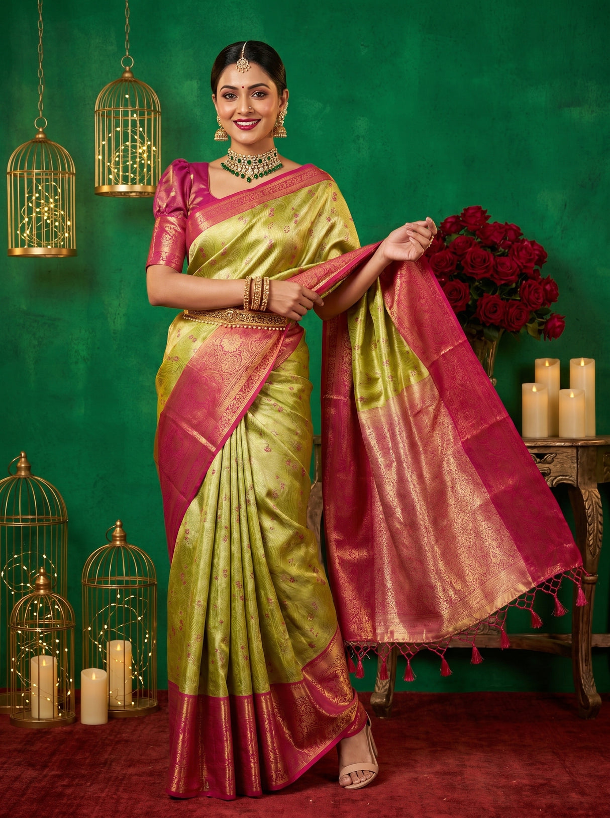 MIMOSA Green Kanjivaram Art Silk Saree β full view on model