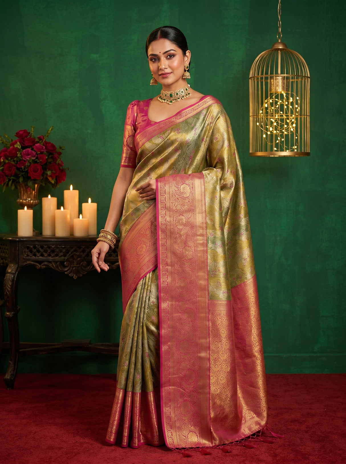 MIMOSA Olive Kanjivaram Art Silk Saree β unstitched blouse fabric