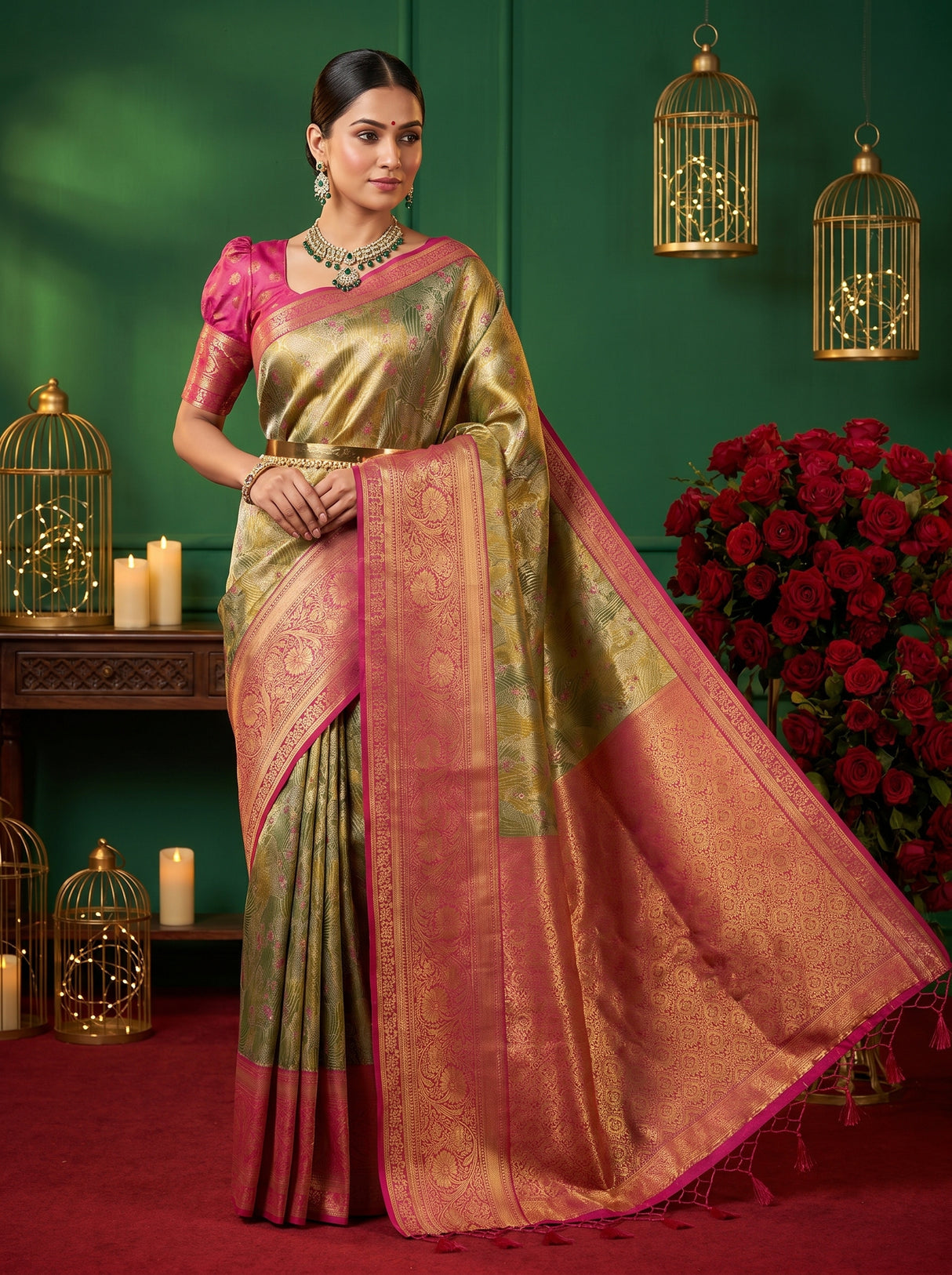 MIMOSA Olive Kanjivaram Art Silk Saree β full view on model