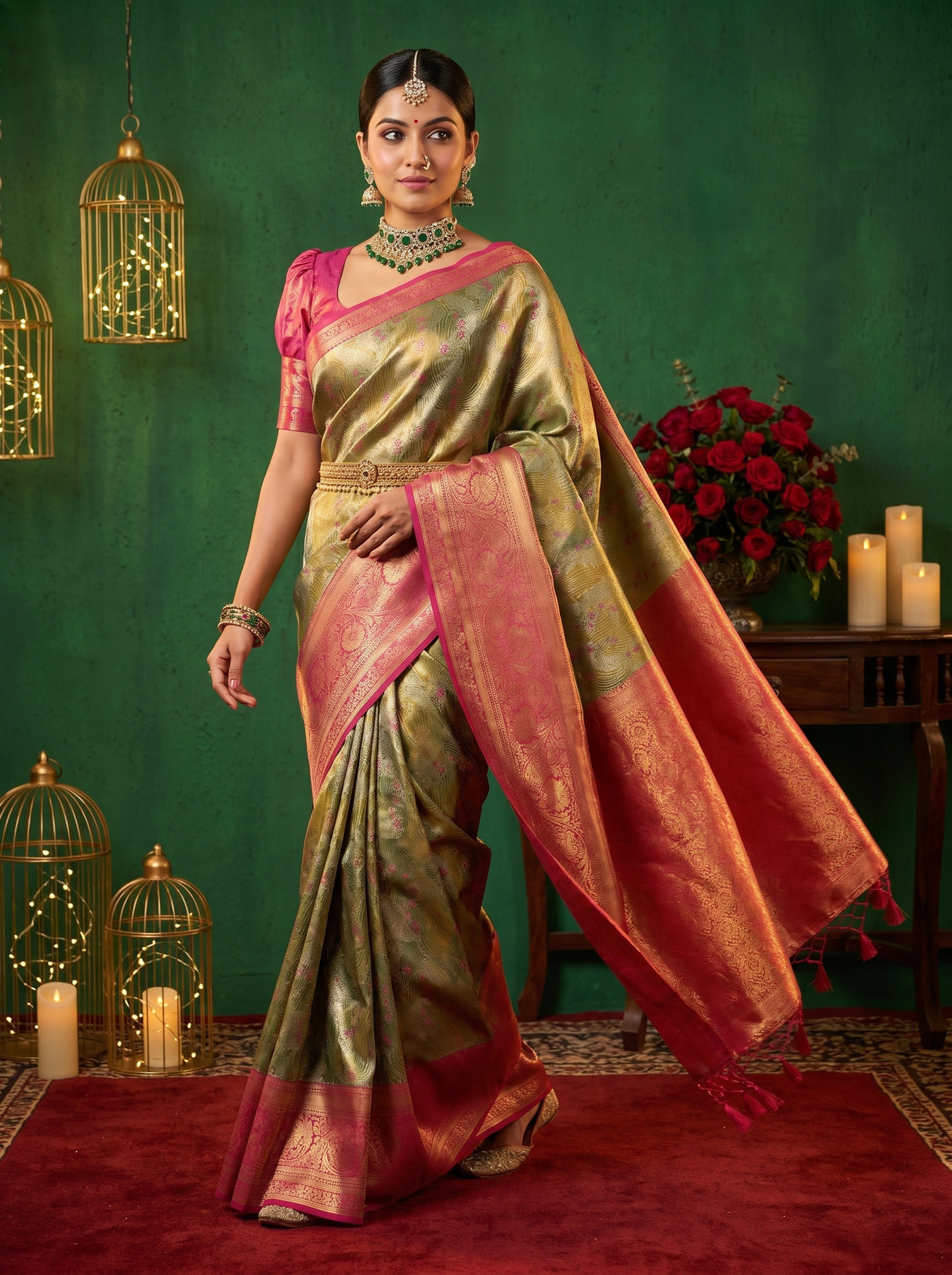 MIMOSA Olive Kanjivaram Art Silk Saree β pose 7 styling detail