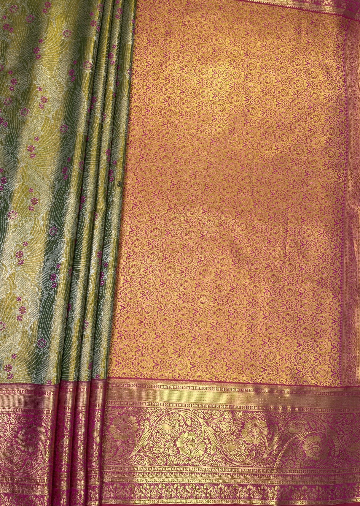 MIMOSA Olive Kanjivaram Art Silk Saree β pallu and zari work detail
