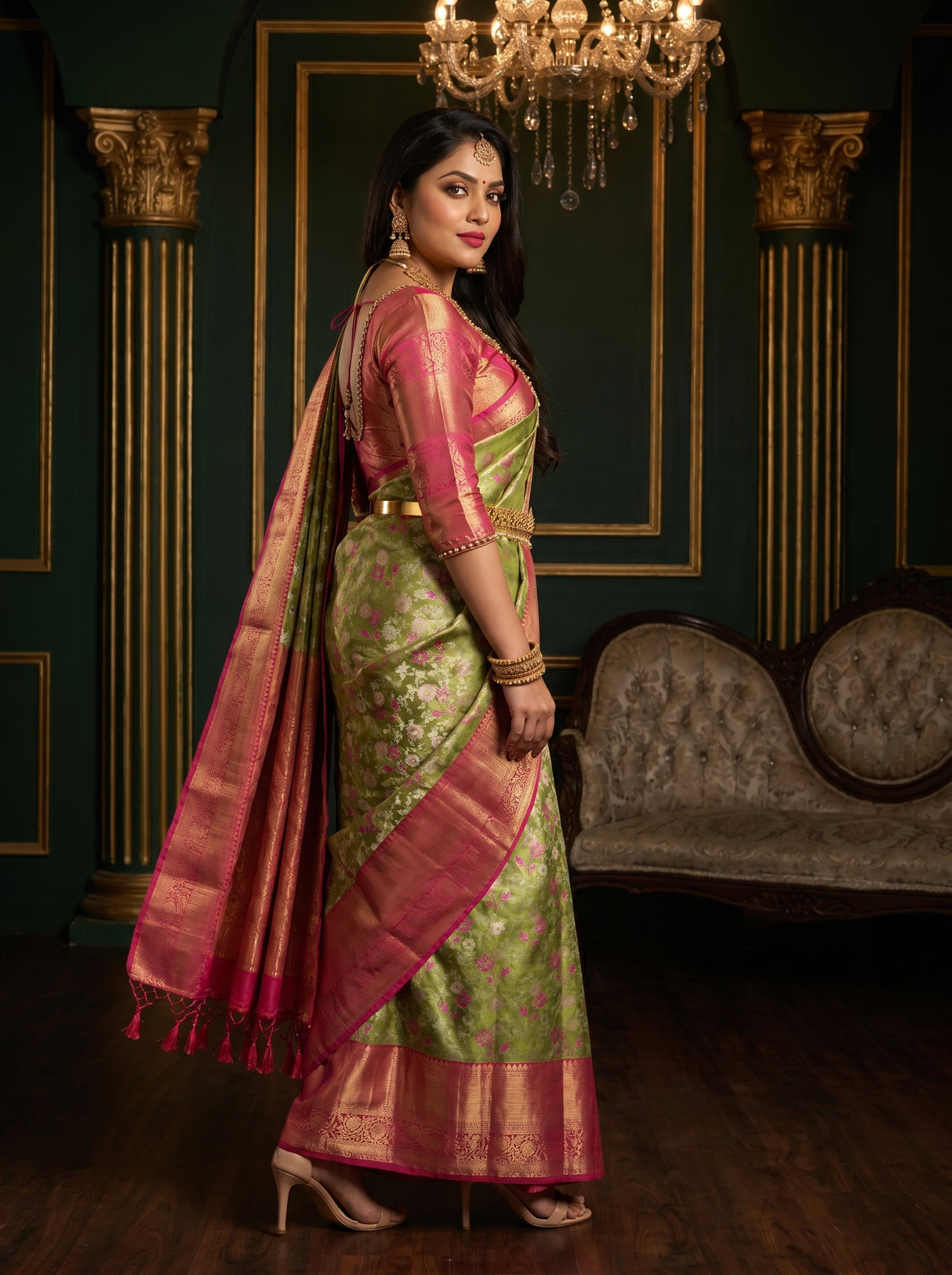 MIMOSA Olive Kanjivaram Art Silk Saree β pose 9 styling detail