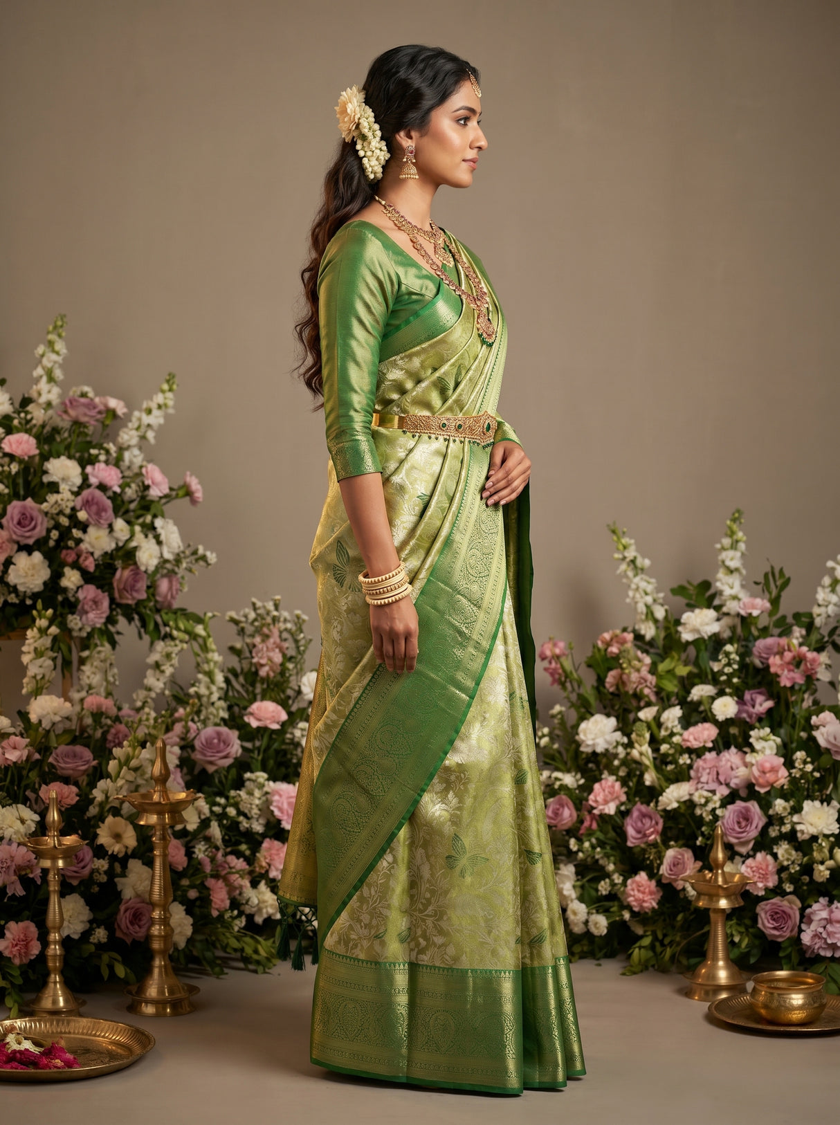 MIMOSA Olive Kanjivaram Art Silk Saree β Unstitched Blouse Fabric