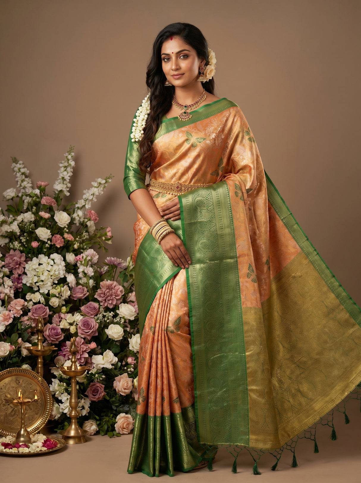MIMOSA Orange Kanjivaram Art Silk Saree β pose 5 styling detail