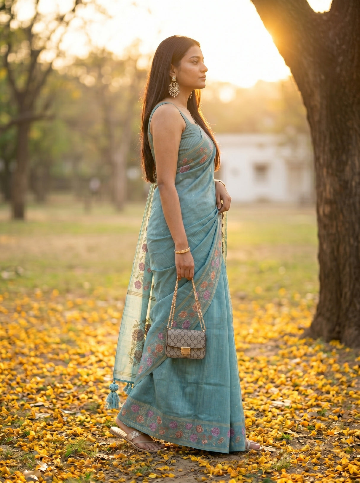 MIMOSA Sapphire Banarasi Art Silk Saree — pose 3 styling detail