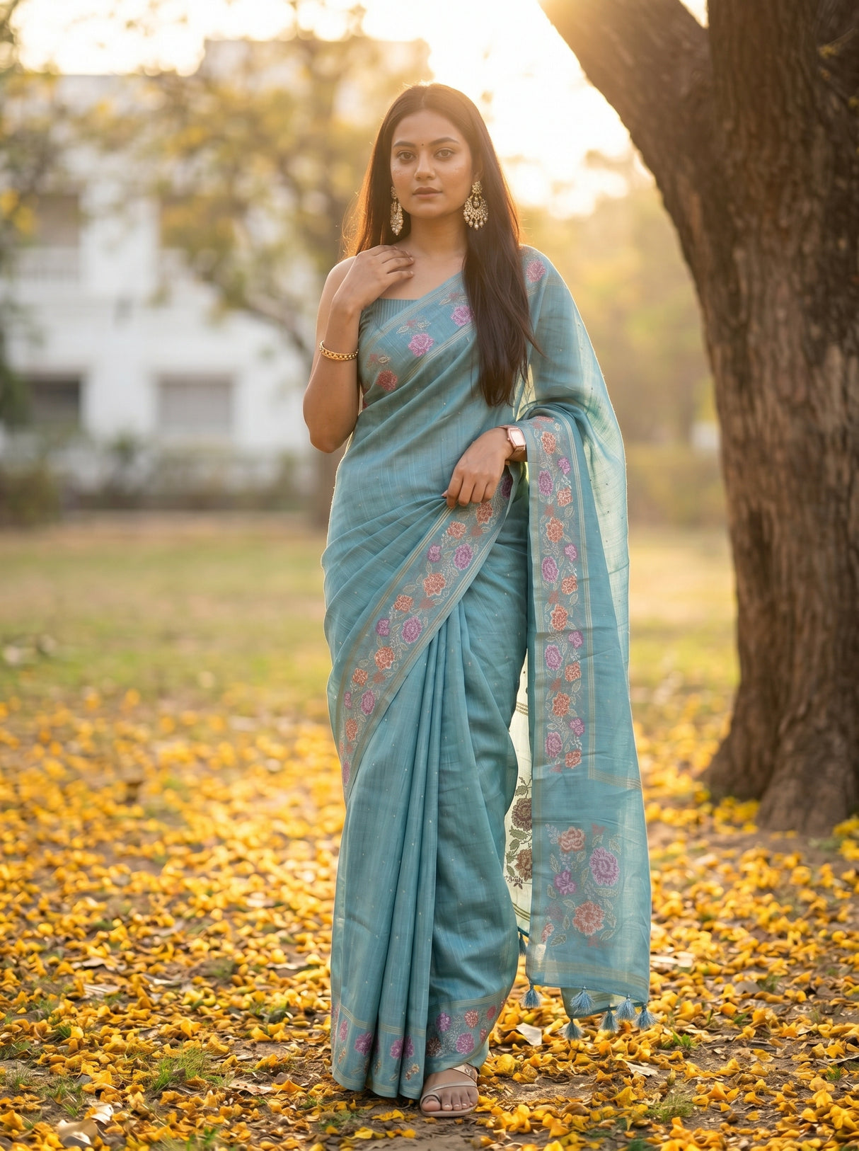 MIMOSA Sapphire Banarasi Art Silk Saree — pose 5 styling detail