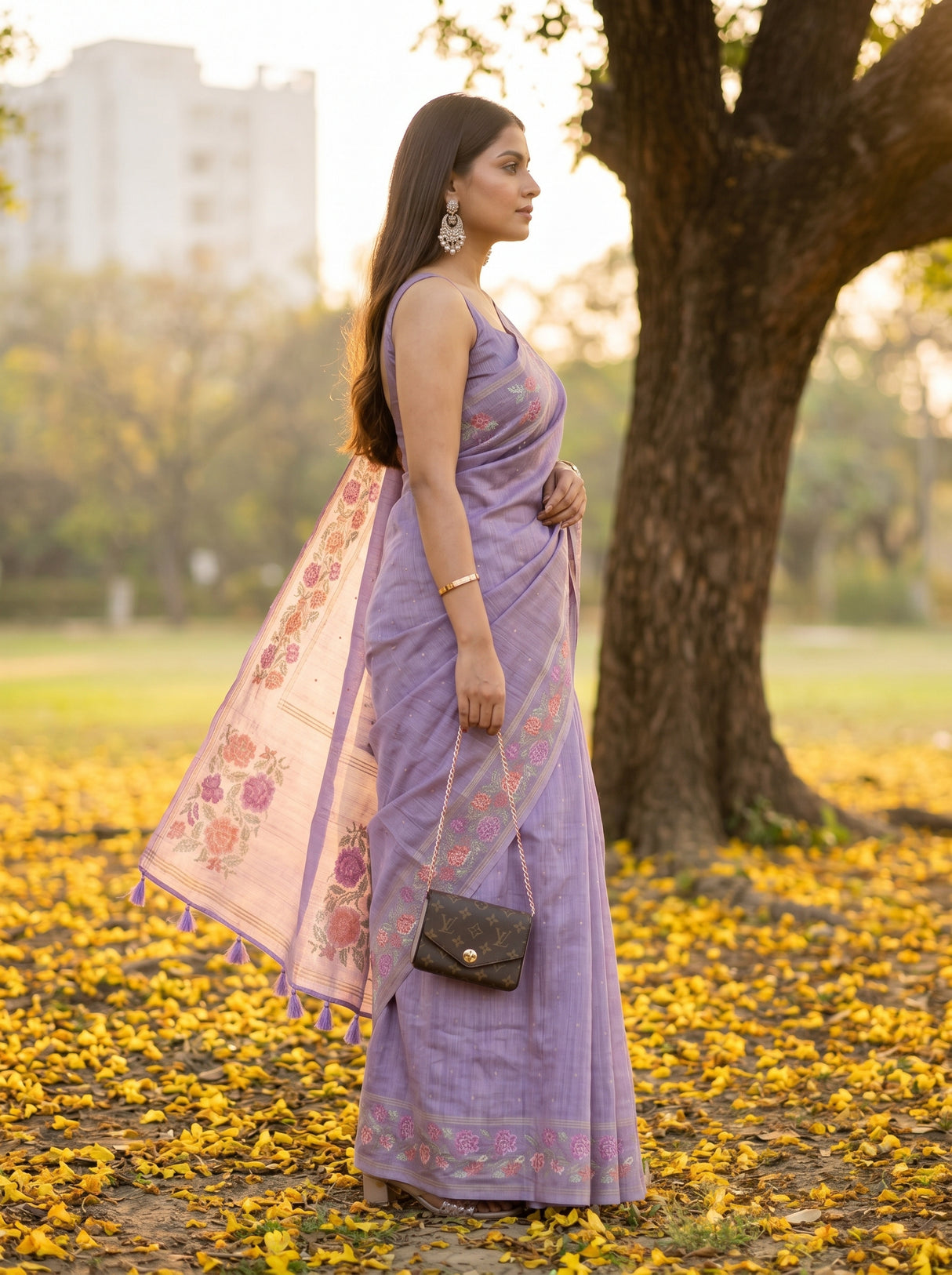 MIMOSA Violet Banarasi Art Silk Saree — pose 3 styling detail