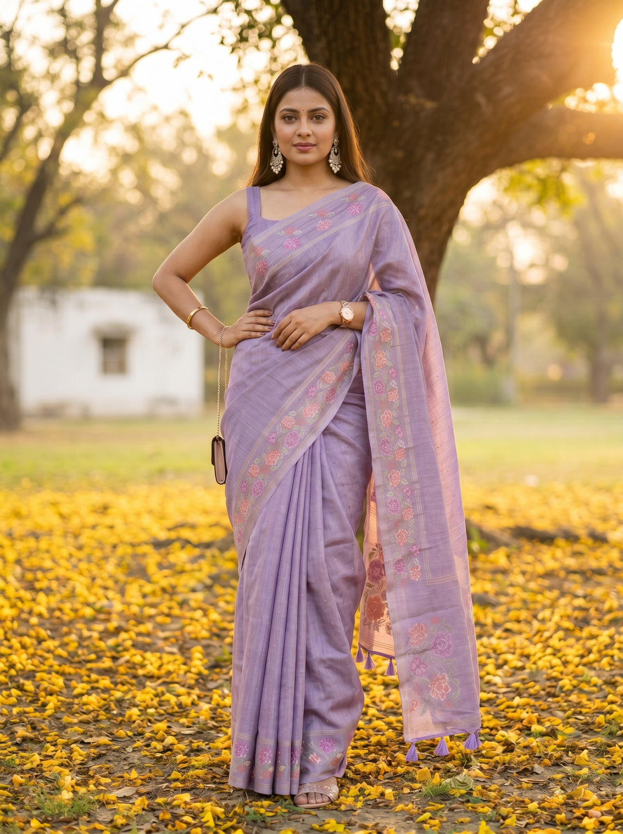 MIMOSA Violet Banarasi Art Silk Saree — pose 4 styling detail