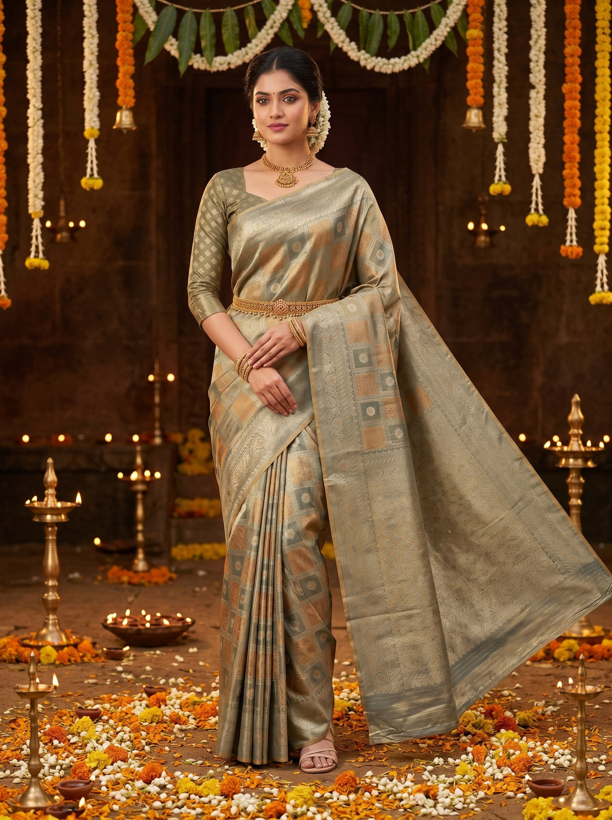 MIMOSA Sapphire Kanjivaram Art Silk Saree — AI Model lifestyle pose