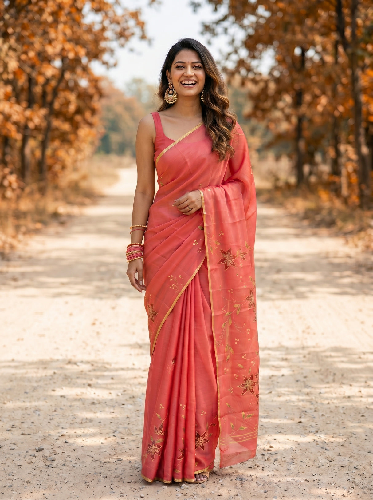 MIMOSA Peach Banarasi chiffon Saree — close up of model's arm and bangles