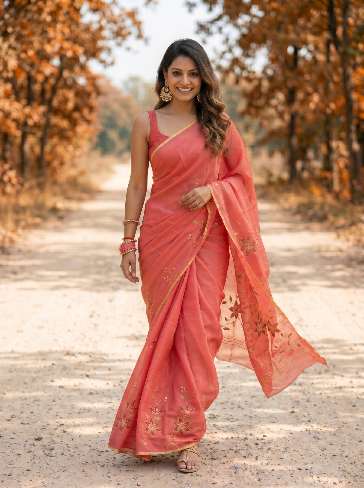 MIMOSA Peach Banarasi chiffon Saree — close up of pallu motif