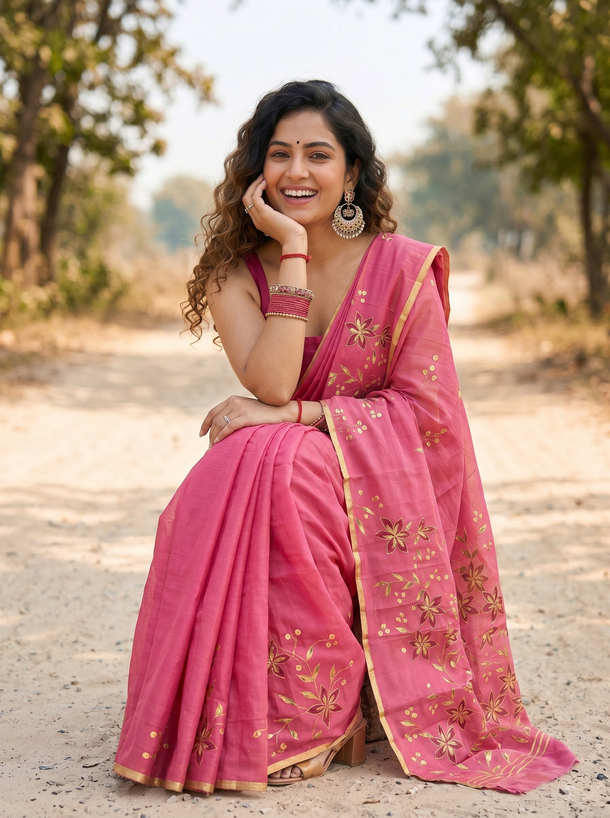 MIMOSA Pink Banarasi chiffon Saree — close up of saree drape and blouse