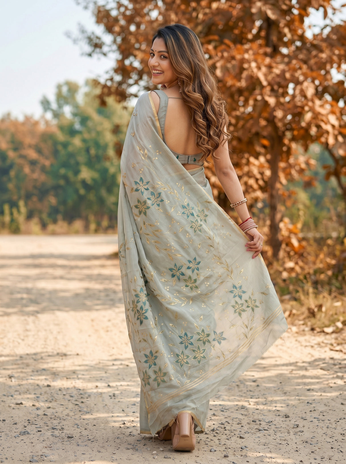 MIMOSA Pista Banarasi chiffon Saree — close up of model's face