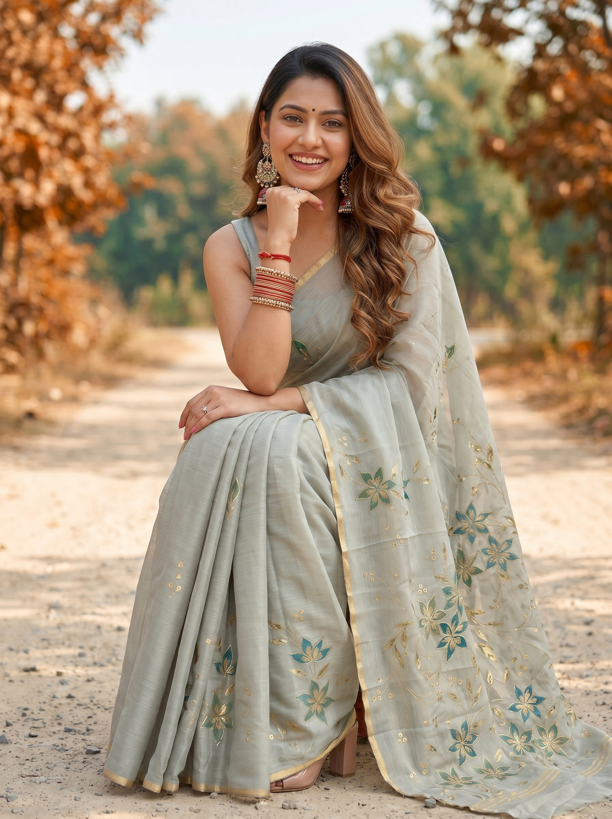 MIMOSA Pista Banarasi chiffon Saree — mid-section of saree and ground