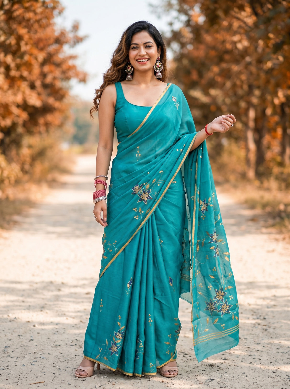 MIMOSA Rama Banarasi chiffon Saree — AI model smiling