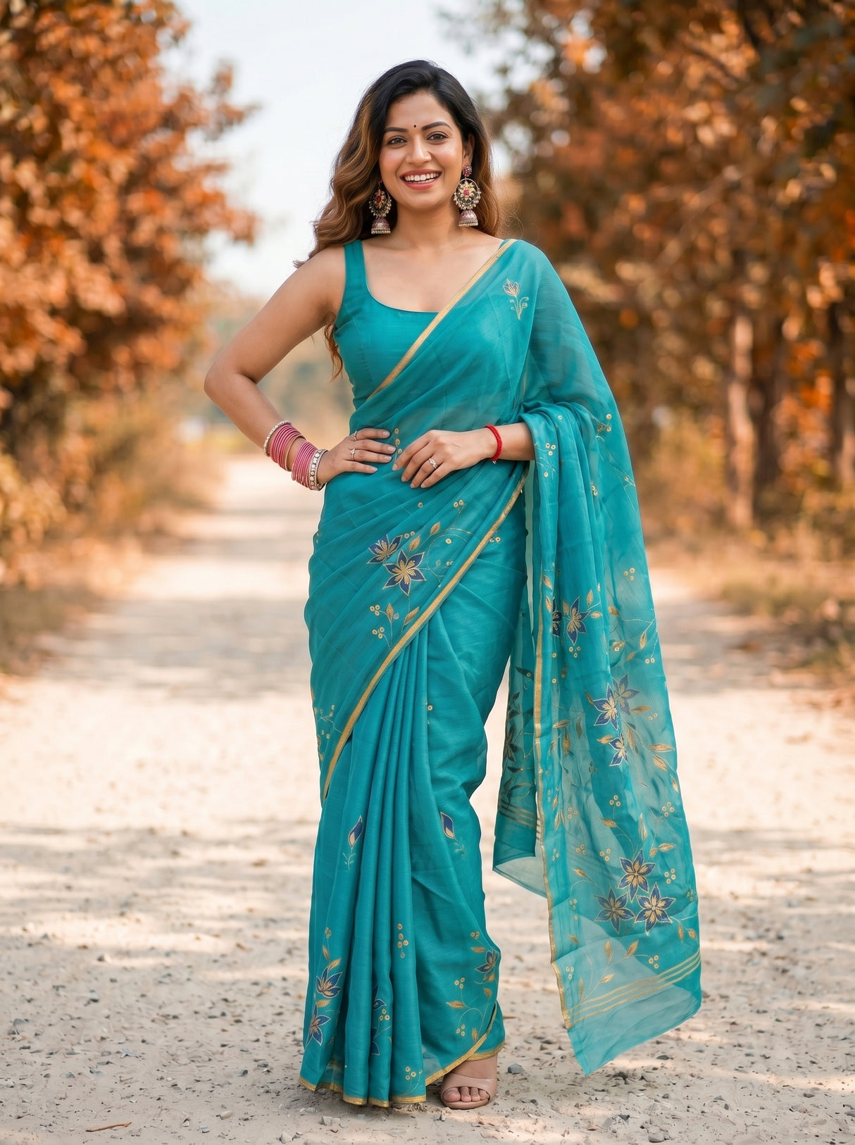 MIMOSA Rama Banarasi chiffon Saree — close up of model's arm and bangles