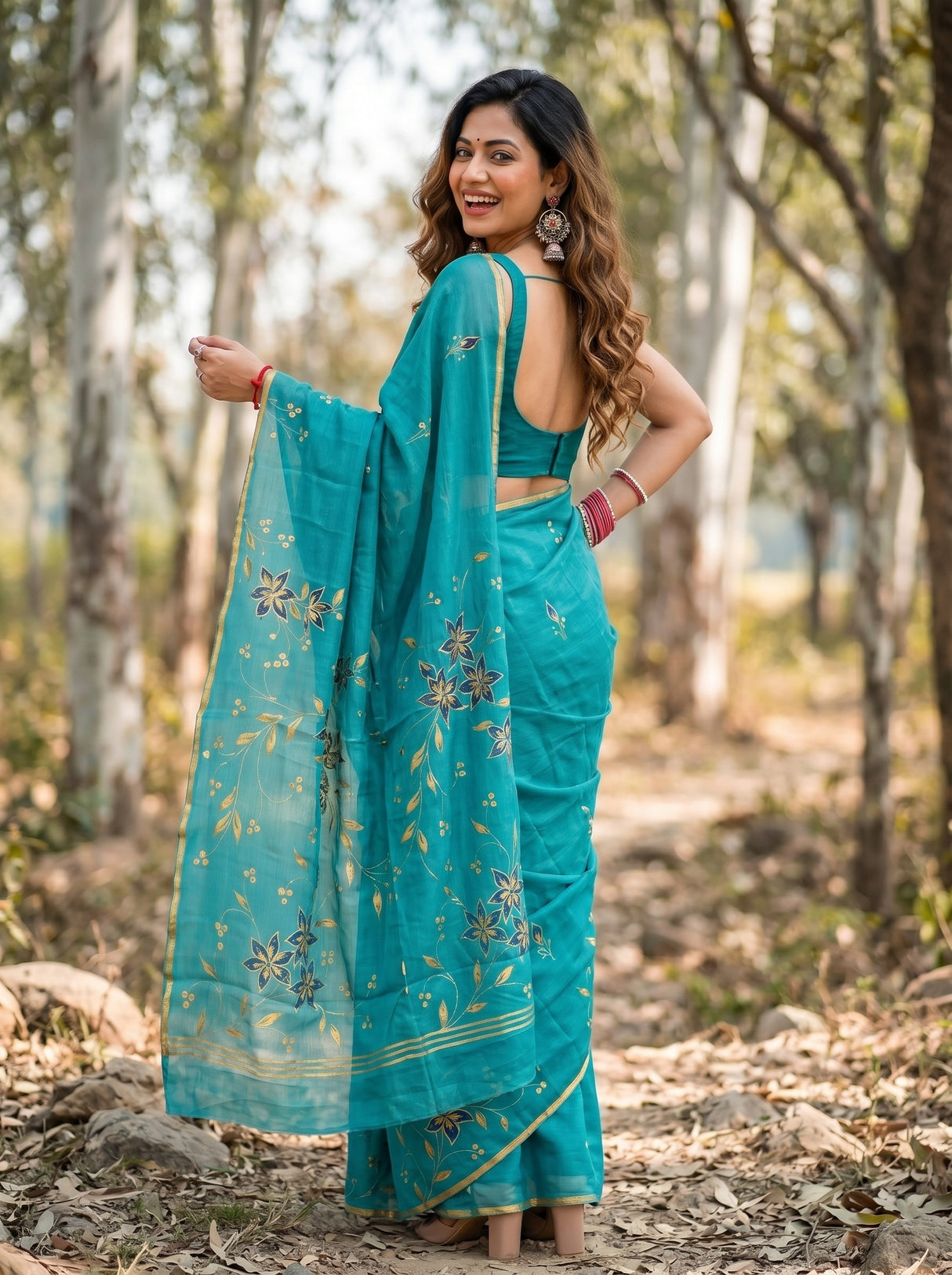 MIMOSA Rama Banarasi chiffon Saree — close up of saree drape and blouse