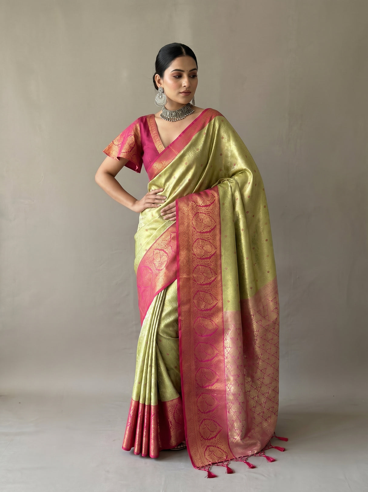MIMOSA Olive Kanjivaram Art Silk Saree β pose 10 styling detail
