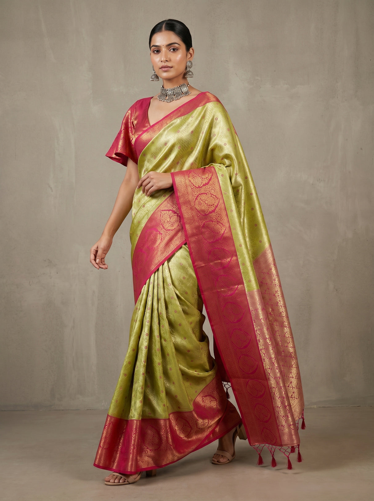 MIMOSA Olive Kanjivaram Art Silk Saree β pose 7 styling detail