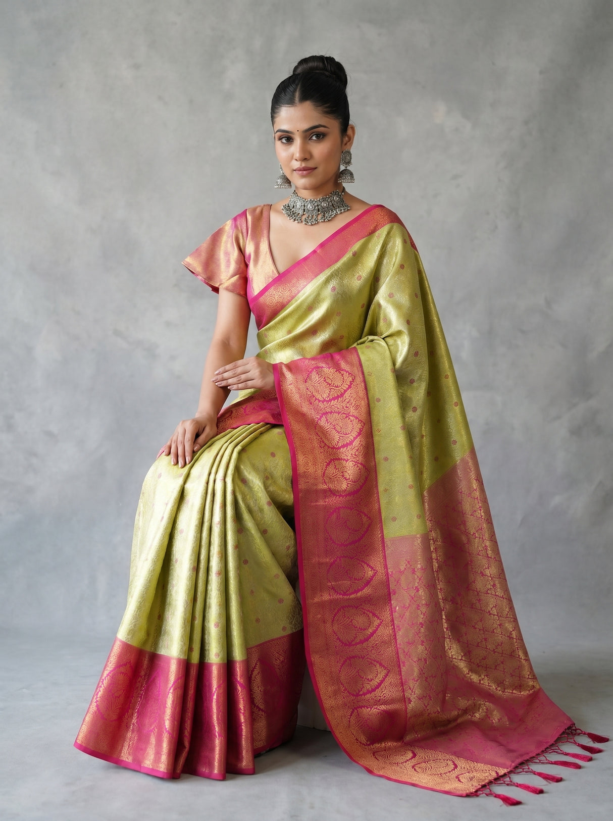 MIMOSA Olive Kanjivaram Art Silk Saree β pose 8 styling detail