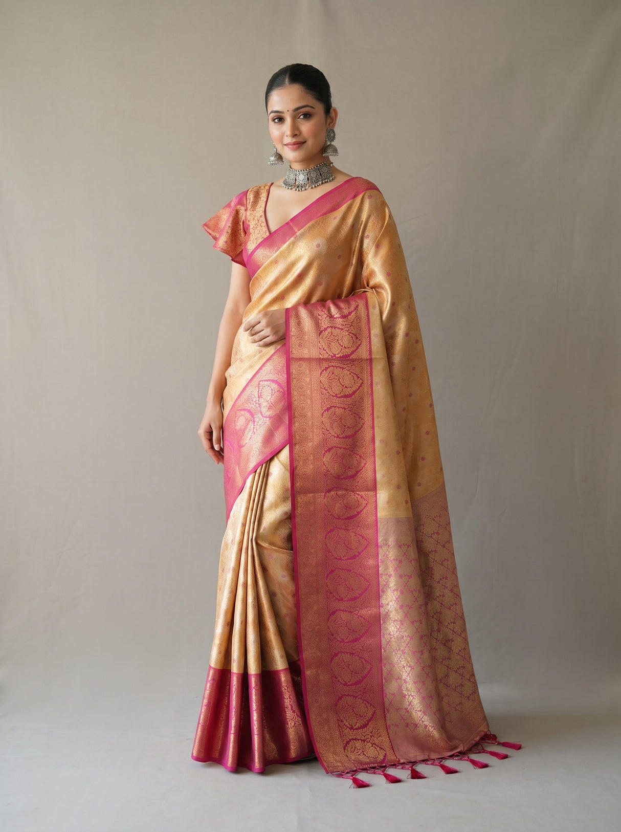 MIMOSA Orange Kanjivaram Art Silk Saree β Full View on Model
