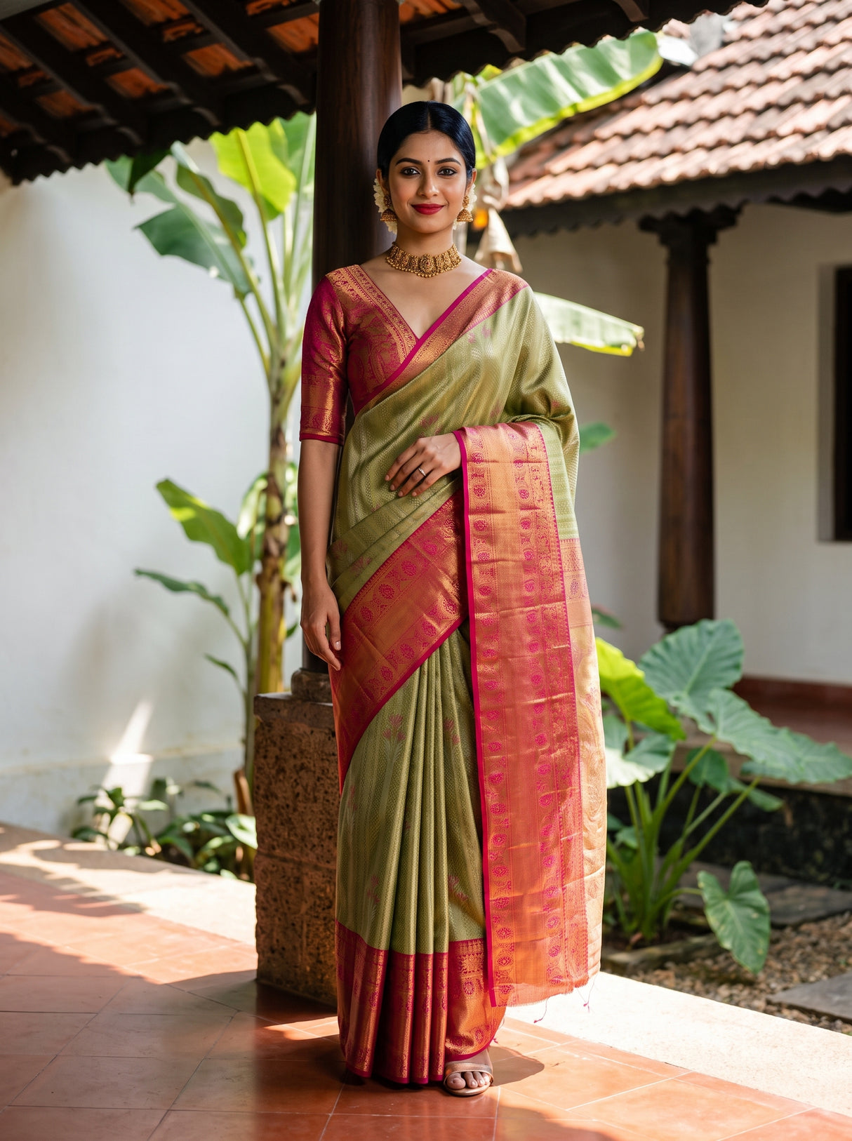 MIMOSA Olive Saree Saree — front view on mannequin