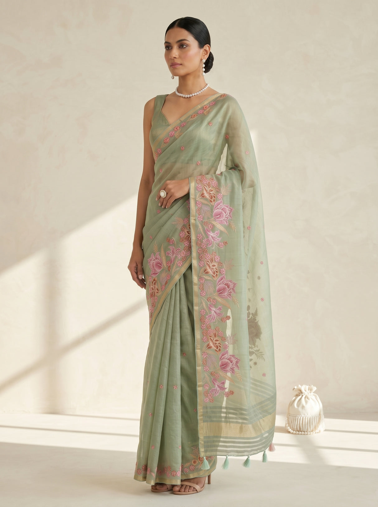 MIMOSA Pista Saree Saree — pose 3 styling detail
