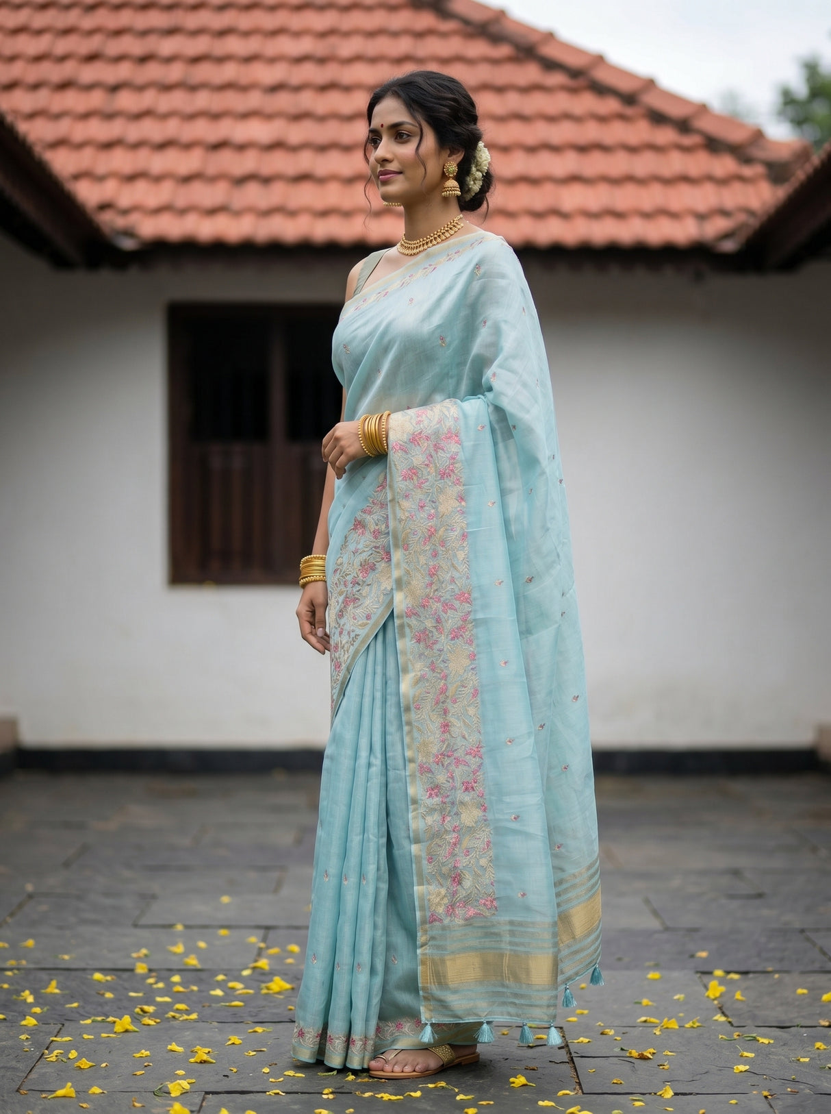 MIMOSA Ananda Banarasi Art Silk Saree — Side view with mirror