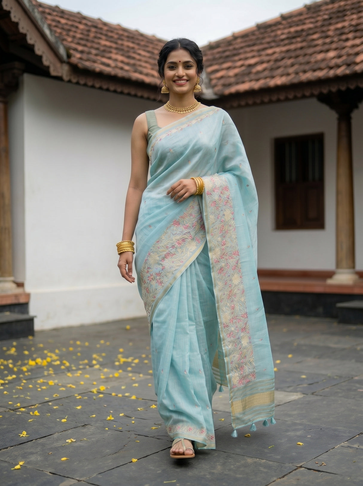 MIMOSA Ananda Banarasi Art Silk Saree — Back view reflected in mirror