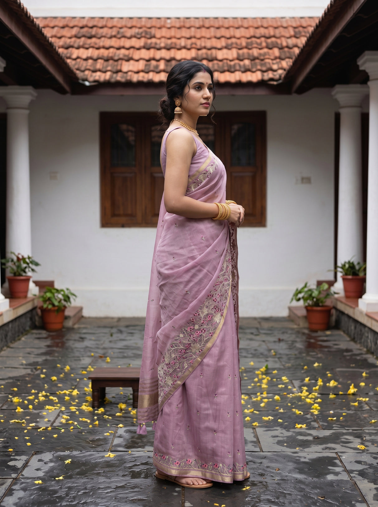 MIMOSA Pink Banarasi Art Silk Saree — Side view with mirror
