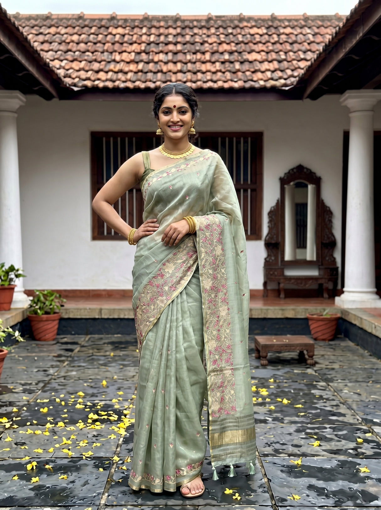 MIMOSA Pista Banarasi Art Silk Saree — Model's hand with bangles