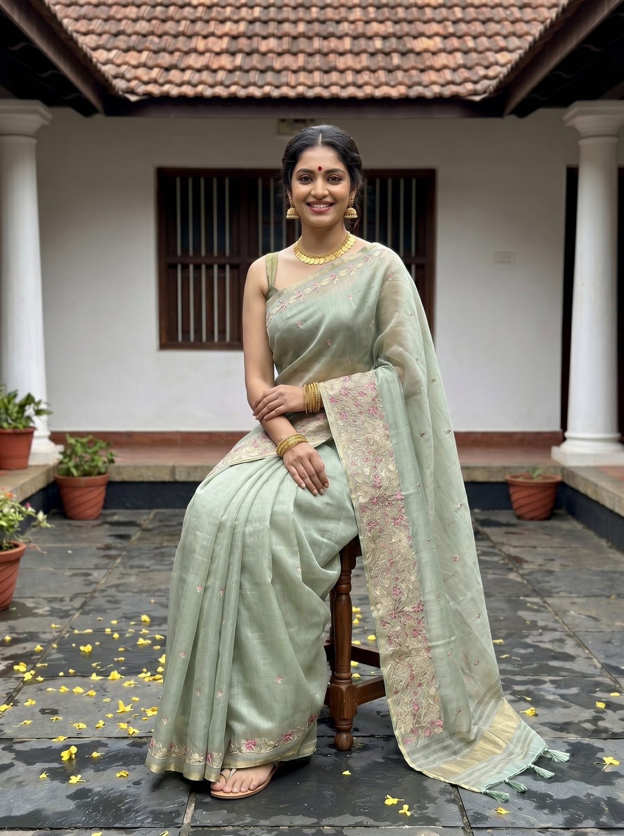 MIMOSA Pista Banarasi Art Silk Saree — Lower drape with embroidery