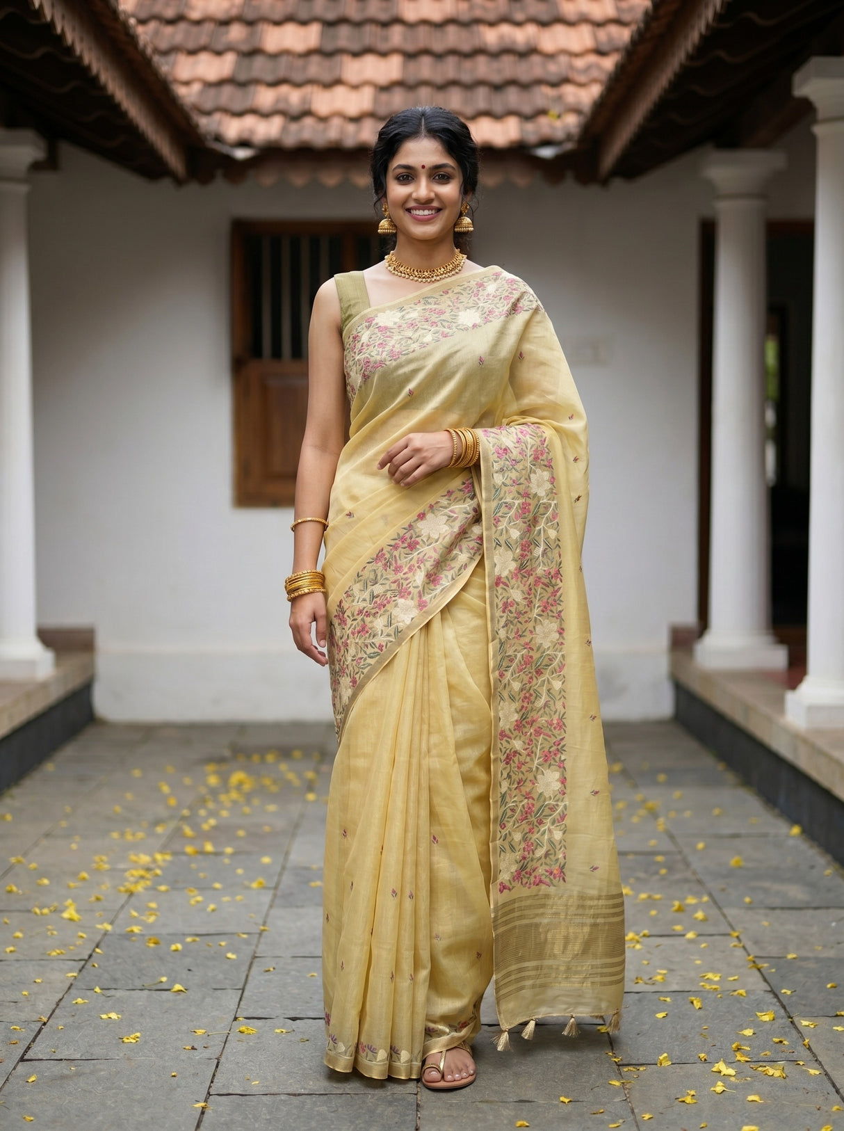 MIMOSA Yellow Banarasi Art Silk Saree — Model posing outdoors