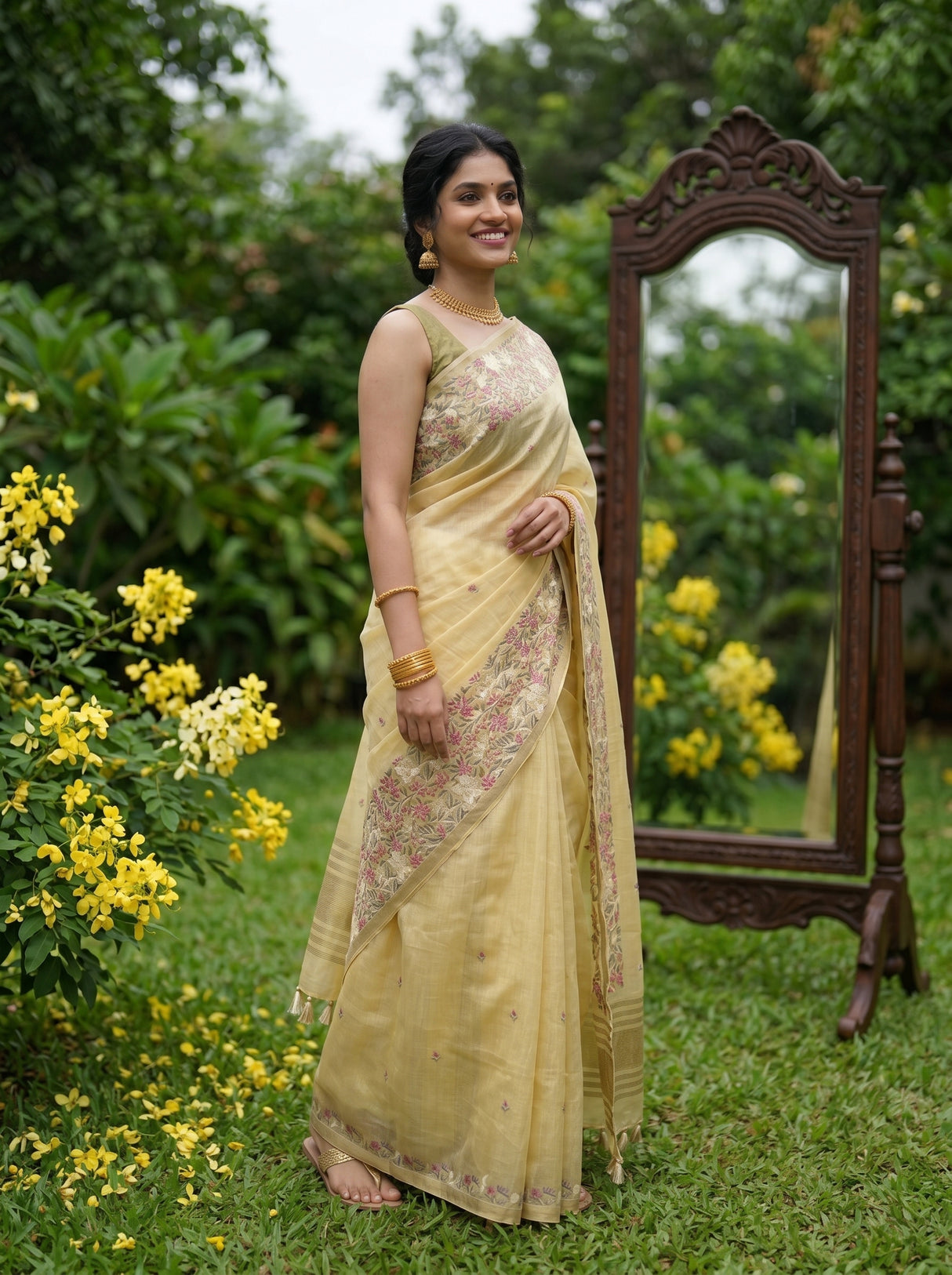 MIMOSA Yellow Banarasi Art Silk Saree — Saree drape and embroidery detail