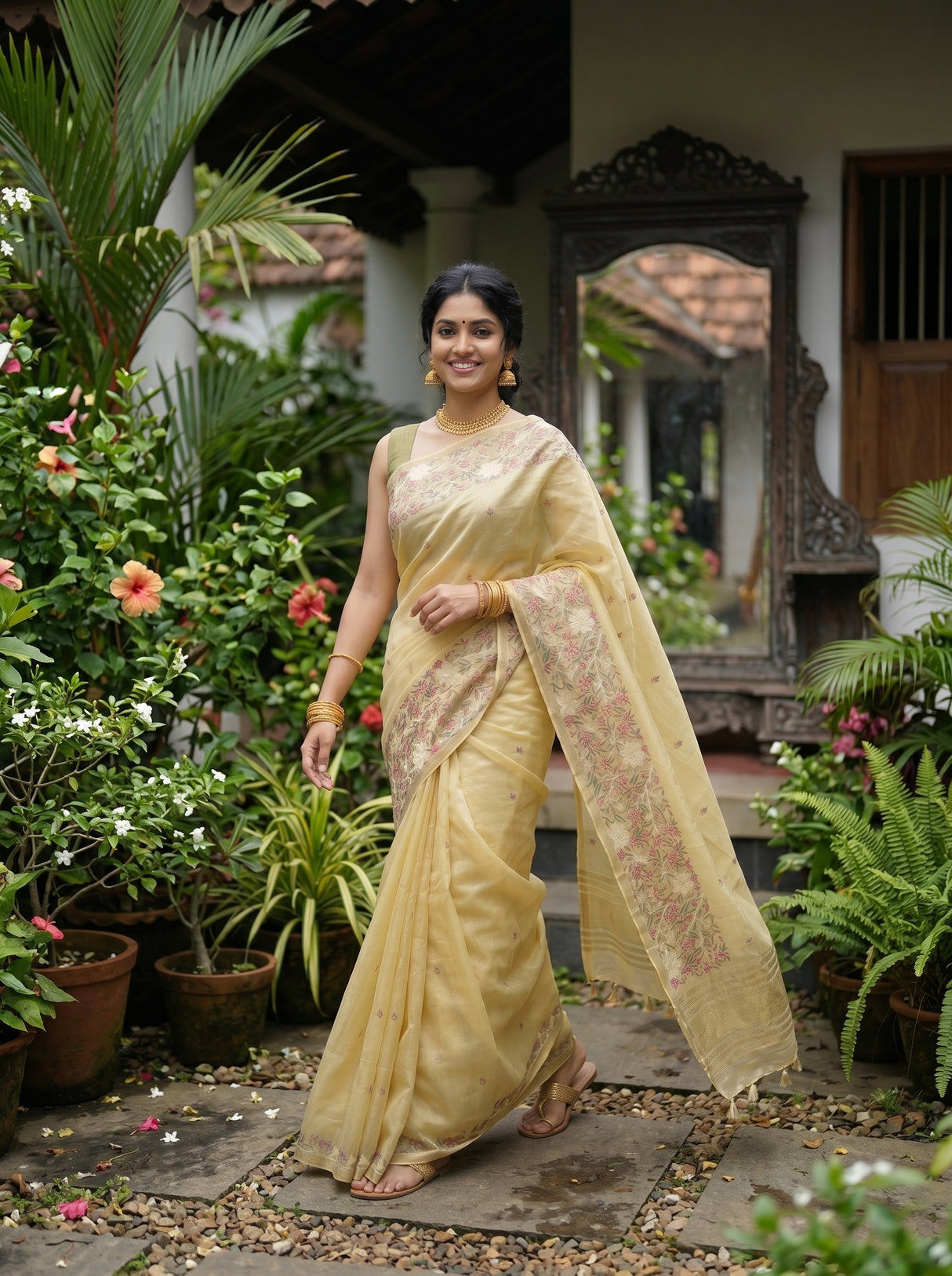 MIMOSA Yellow Banarasi Art Silk Saree — Back view reflected in mirror