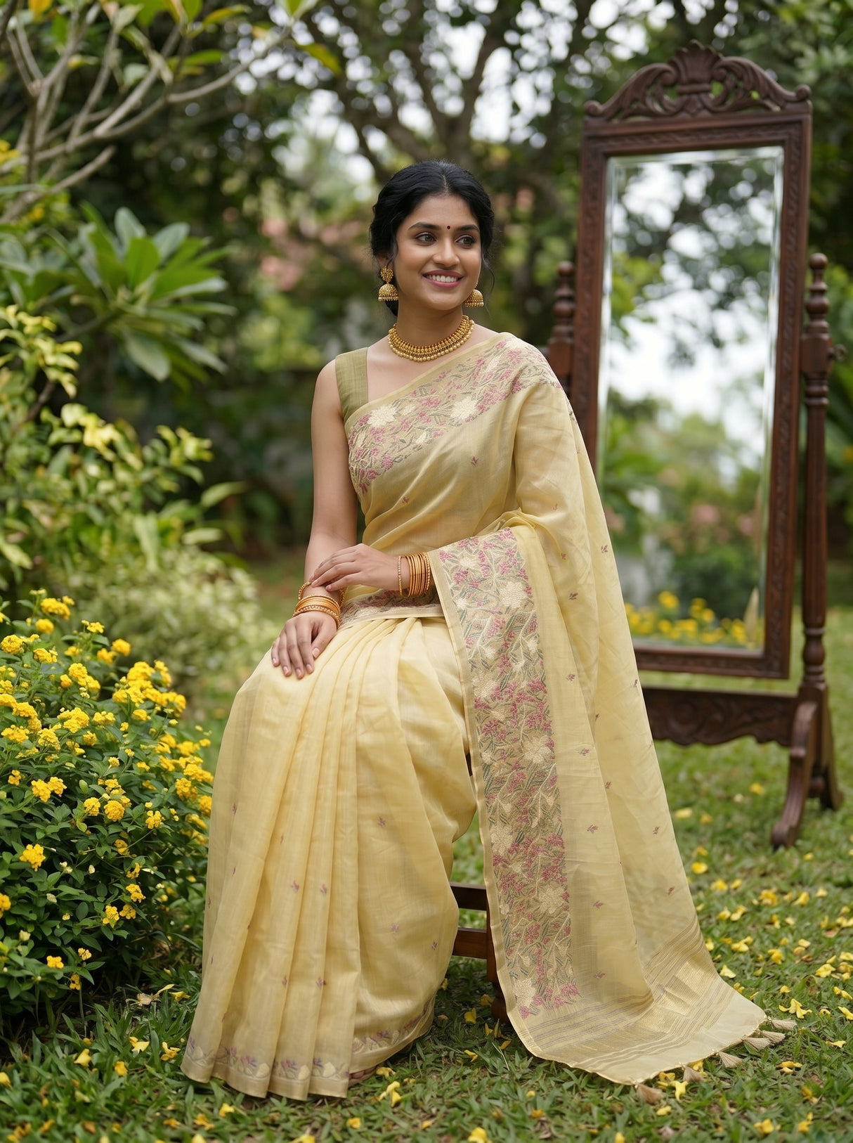 MIMOSA Yellow Banarasi Art Silk Saree — Lower drape with embroidery