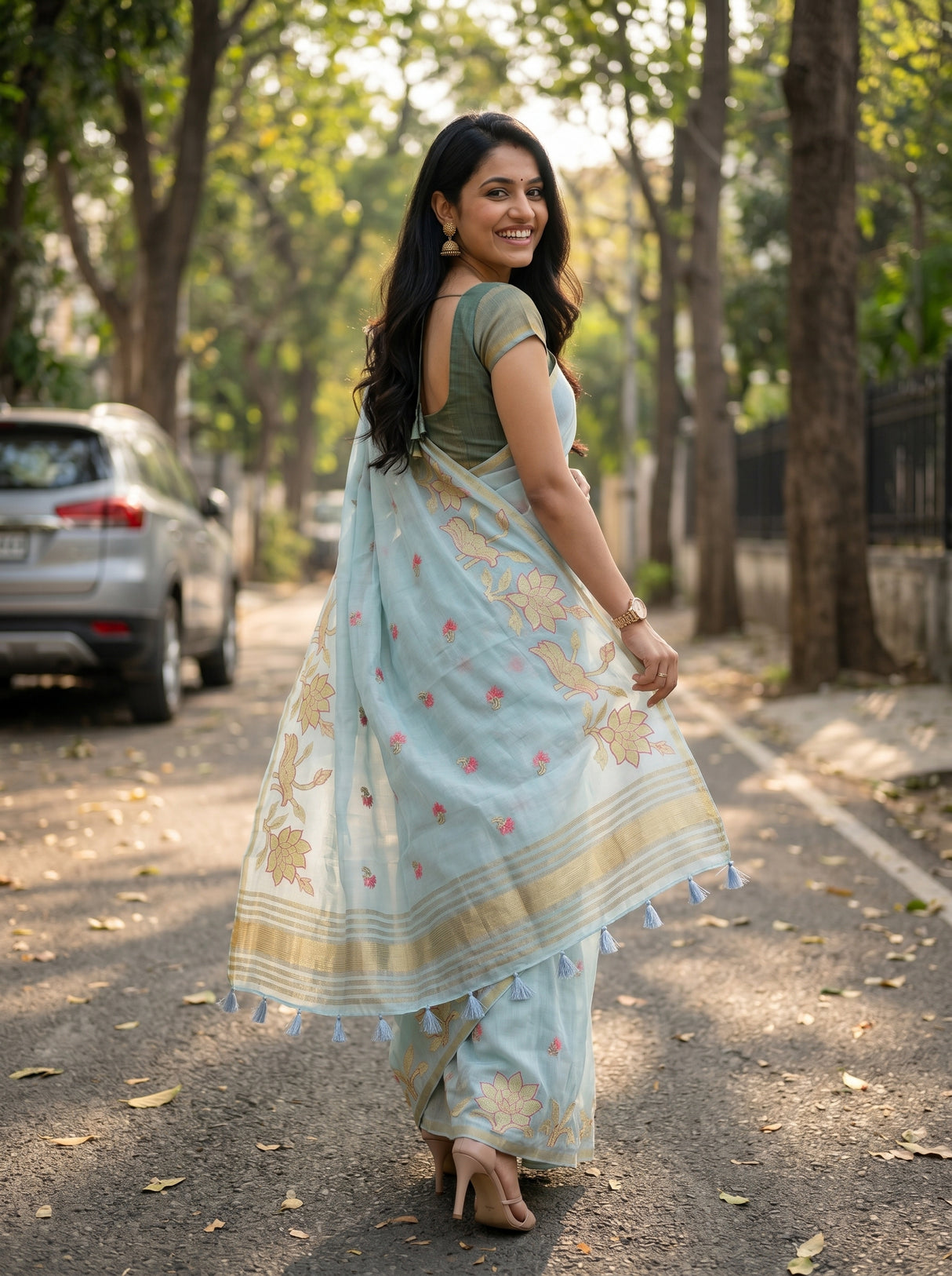MIMOSA Ananda Banarasi Art Silk Saree — Close-up of model's face