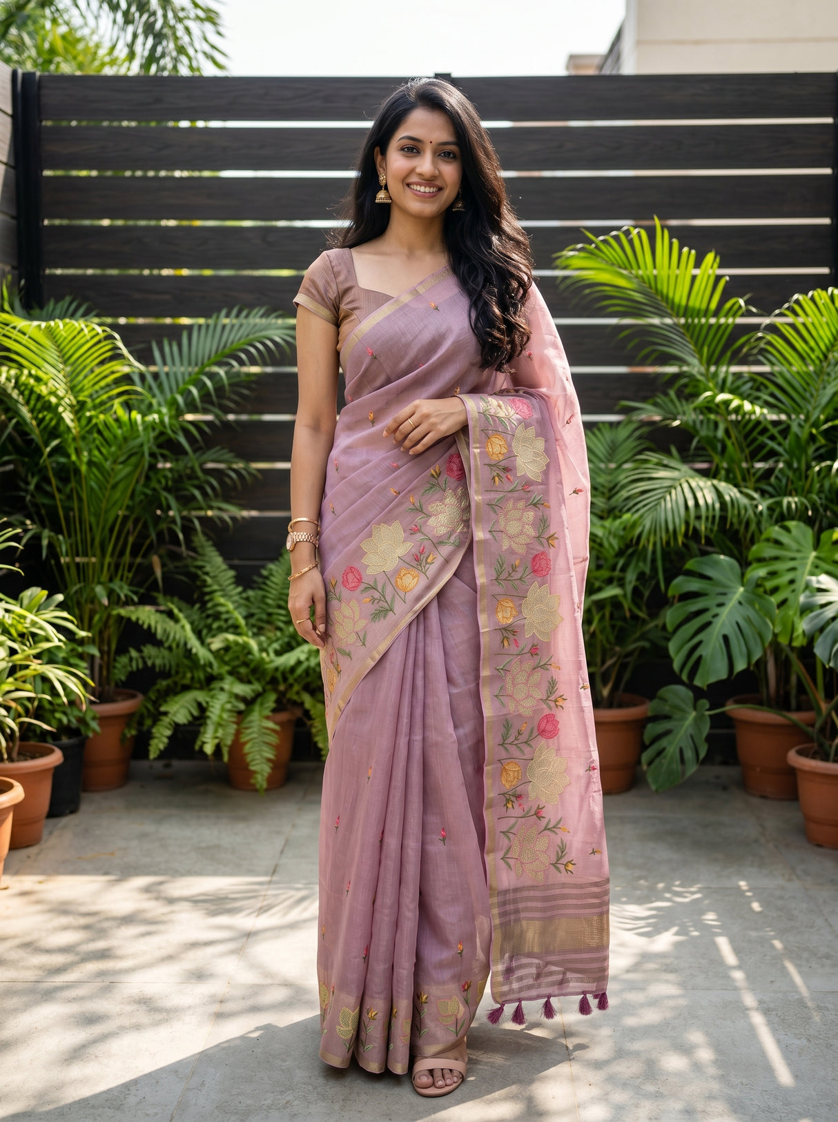 MIMOSA Pink Banarasi Art Silk Saree — Model lifestyle pose