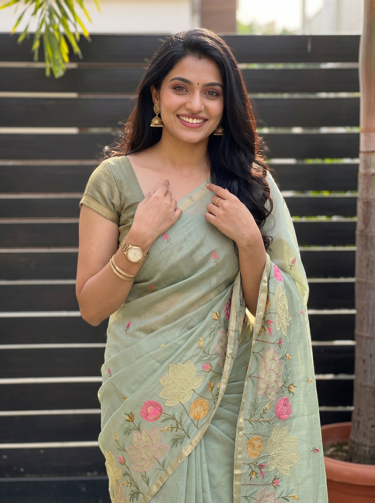 MIMOSA Pista Banarasi Saree — pose 10 styling detail