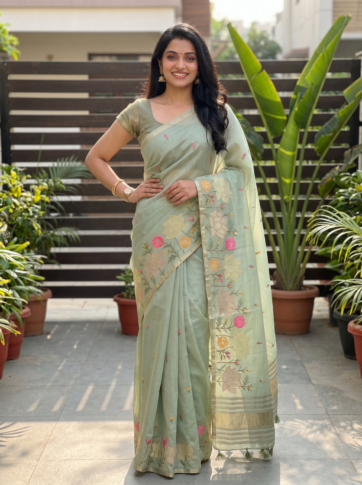 MIMOSA Pista Banarasi Art Silk Saree — Close-up of mid-body and hand