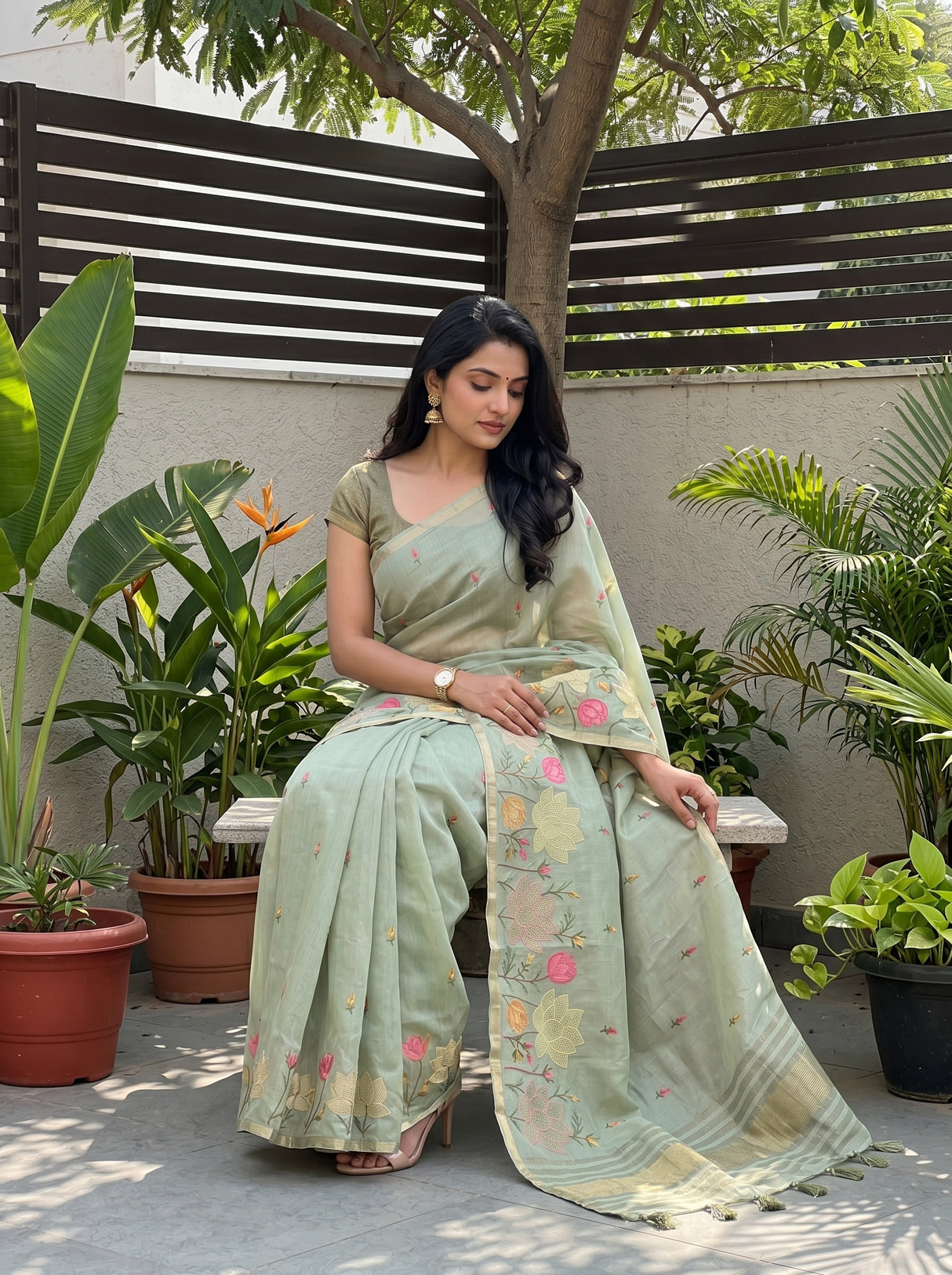 MIMOSA Pista Banarasi Saree — pose 8 styling detail