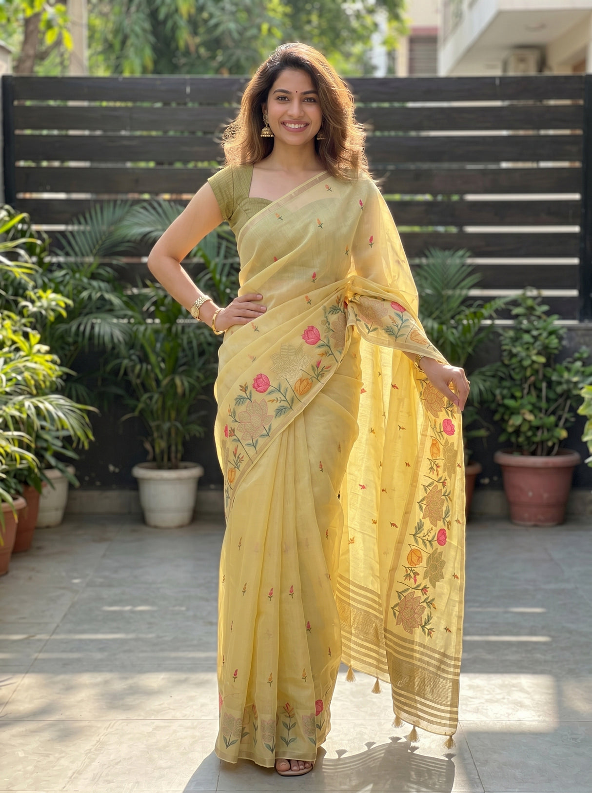 MIMOSA Yellow Banarasi Art Silk Saree — Close-up of mid-body and hand