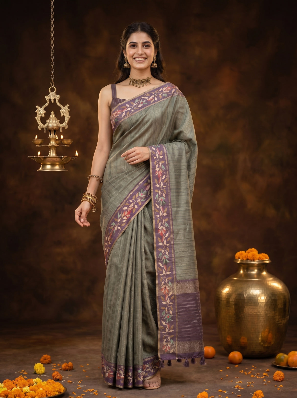 MIMOSA Bottle Green Banarasi Art Silk Saree — pose 10 styling detail