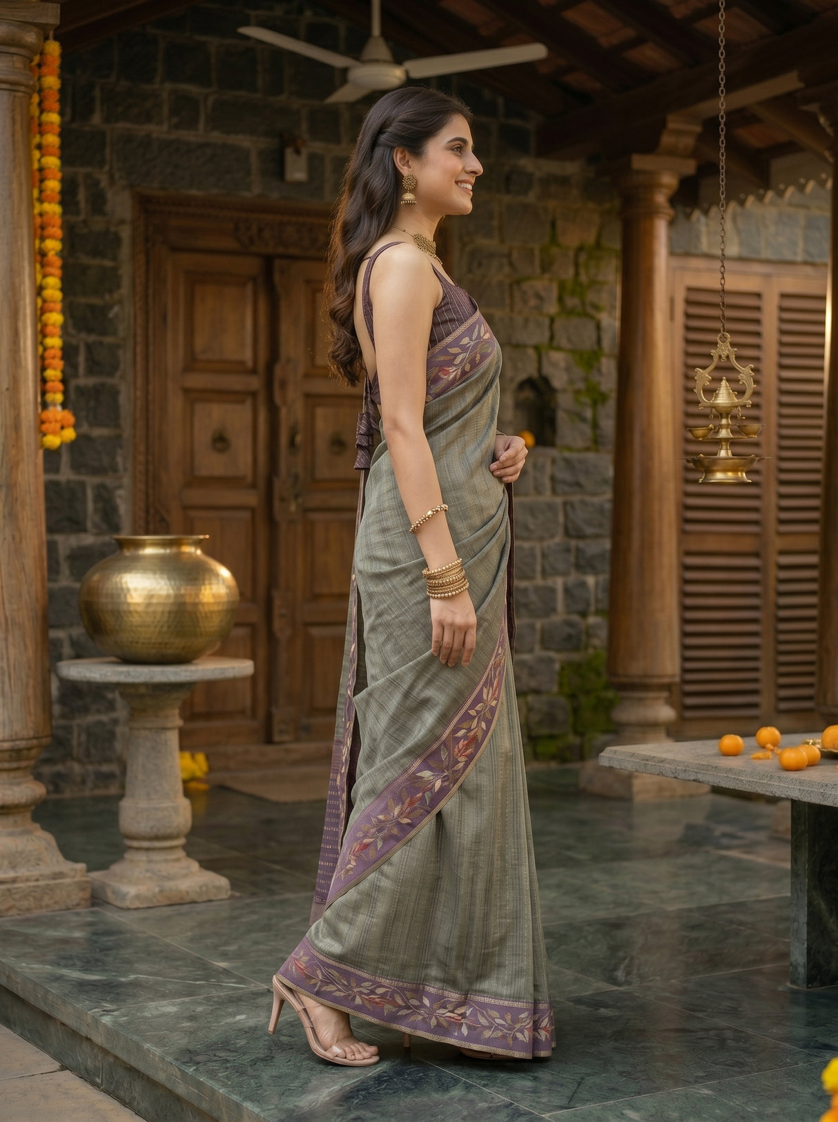 MIMOSA Bottle Green Banarasi Art Silk Saree — pose 3 styling detail