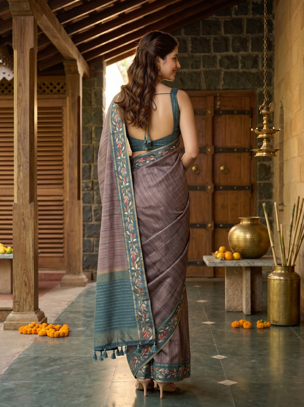 MIMOSA Blue Banarasi Art Silk Saree — pose 2 styling detail